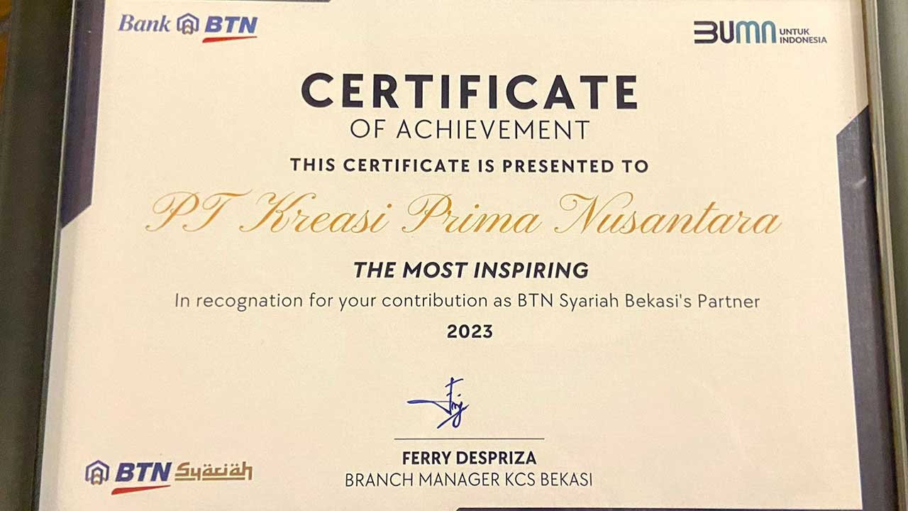Kreasi Prima Land Dianugerahi Penghargaan "The Most Inspiring Developer" oleh Bank BTN Syariah Bekasi